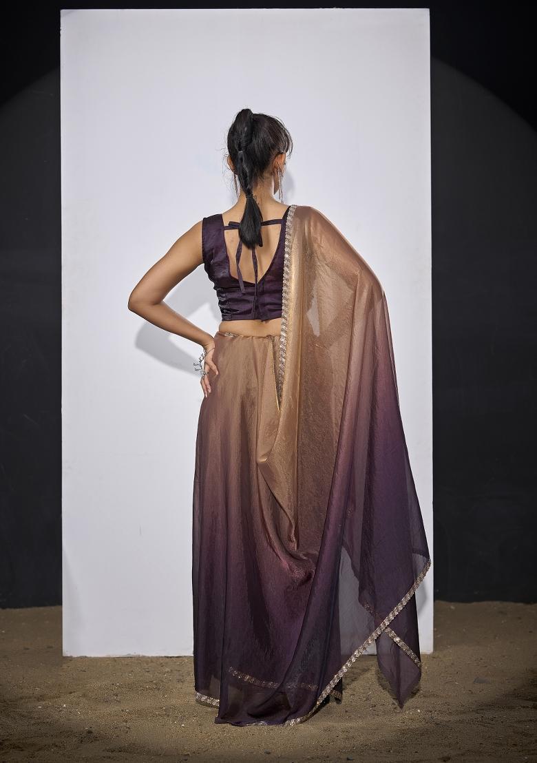 Golden And Purple Hand Work Silk Blend Saree Set - Indya