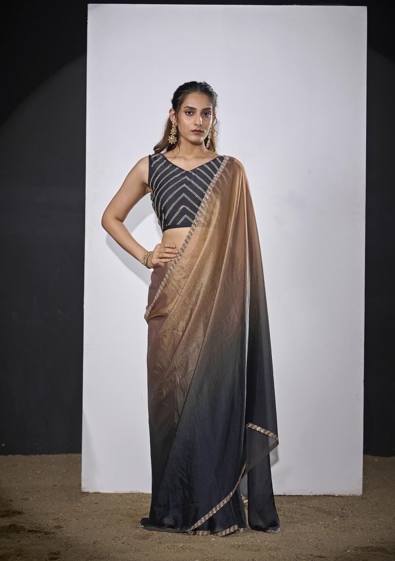 Golden And Dark Gary Hand Work Silk Blend Saree Set - Indya