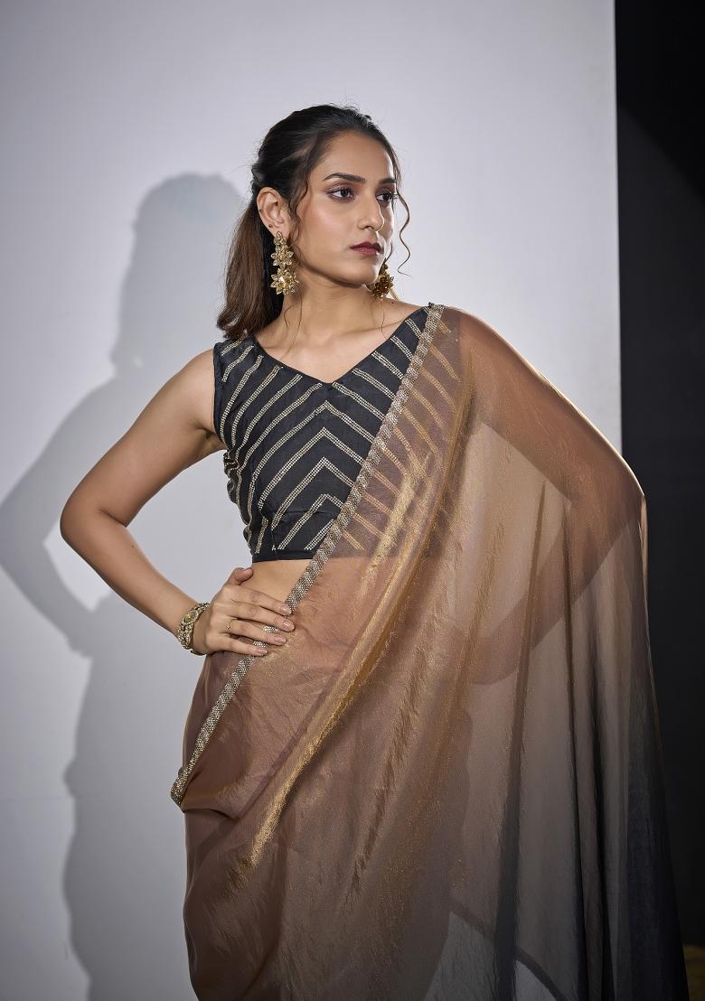 Golden And Dark Gary Hand Work Silk Blend Saree Set - Indya