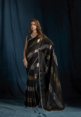 Black Hand Work Silk Blend Saree Set