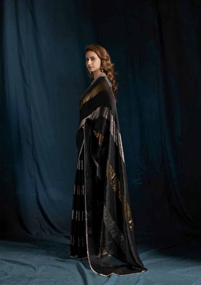 Black Hand Work Silk Blend Saree Set - Indya