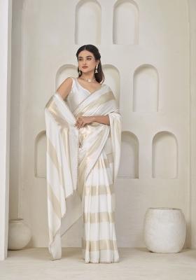 White Hand Work Silk Blend Saree Set