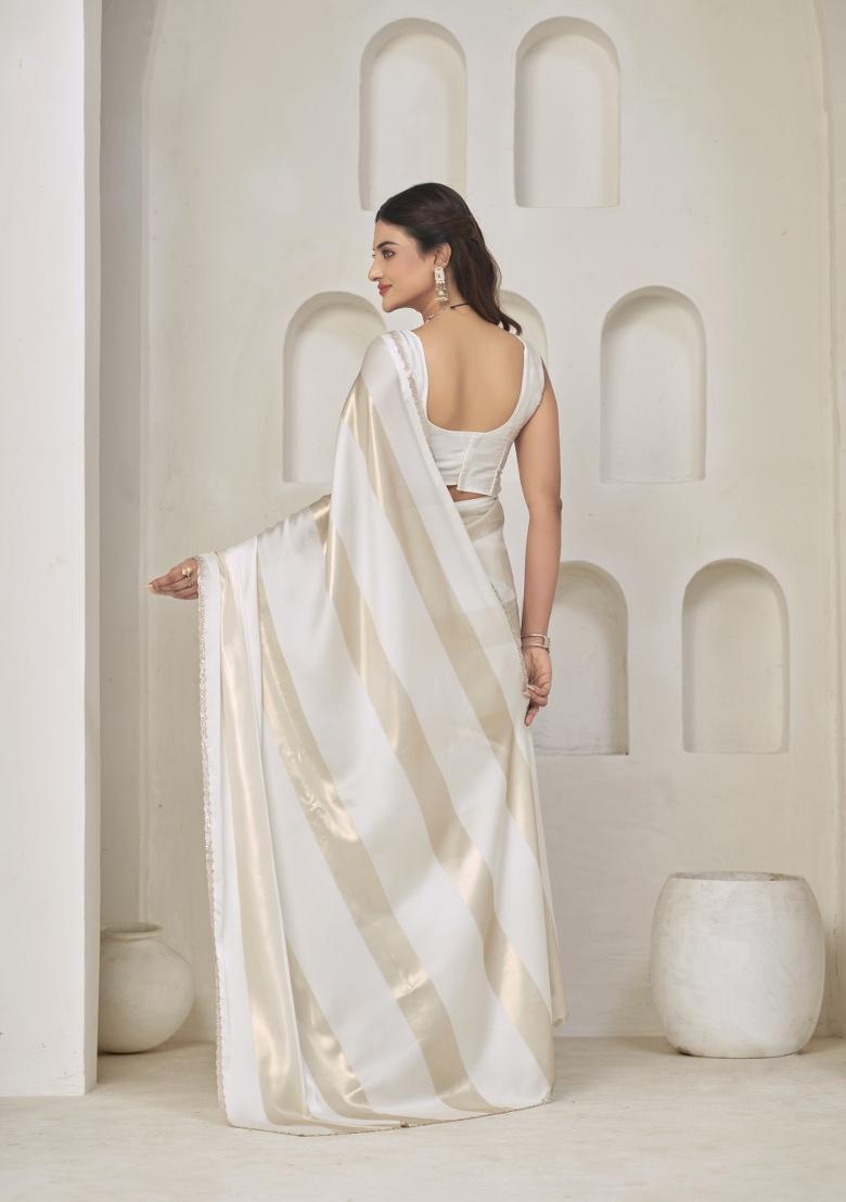 White Hand Work Silk Blend Saree Set - Indya