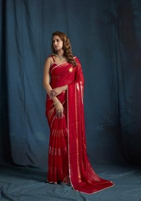 Rani Pink Hand Work Silk Blend Saree Set