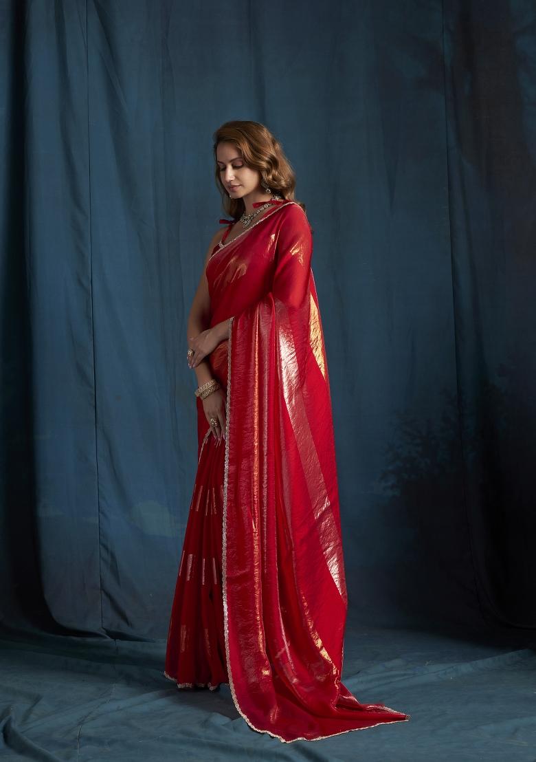 Rani Pink Hand Work Silk Blend Saree Set - Indya