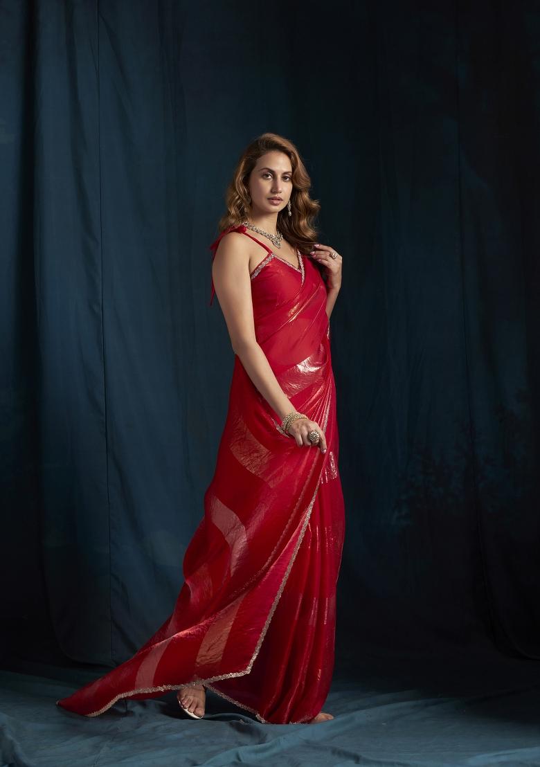 Rani Pink Hand Work Silk Blend Saree Set - Indya