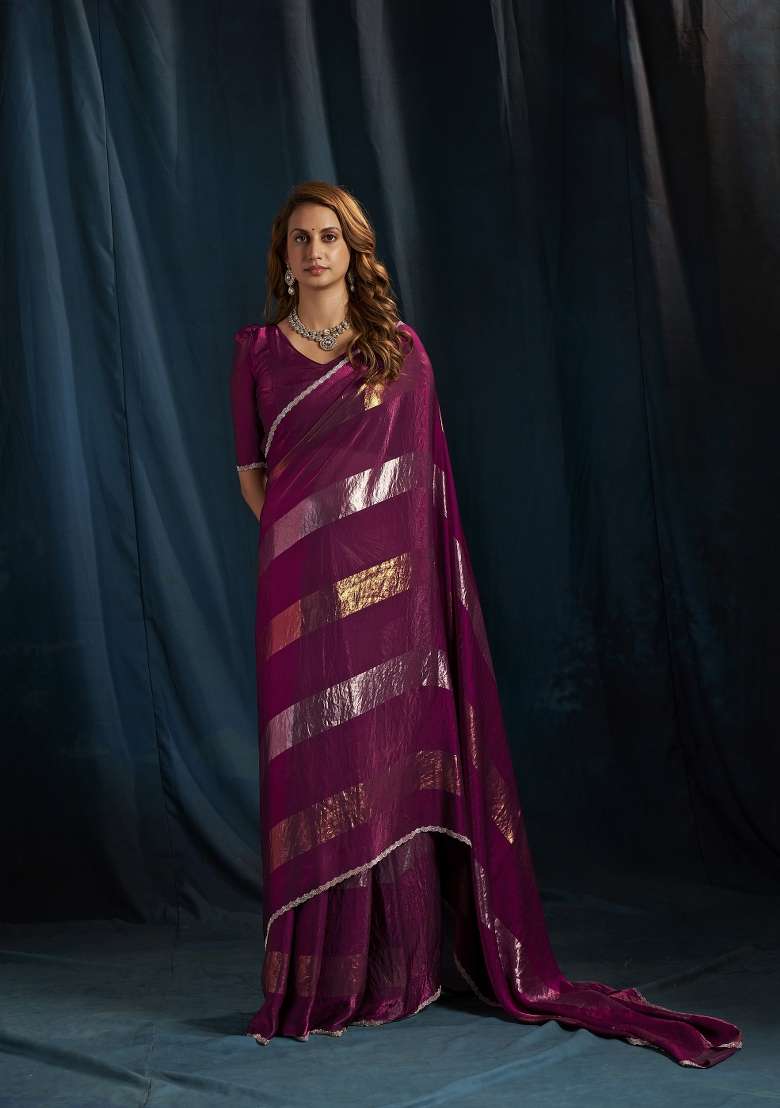 Wine Hand Work Silk Blend Saree Set - Indya