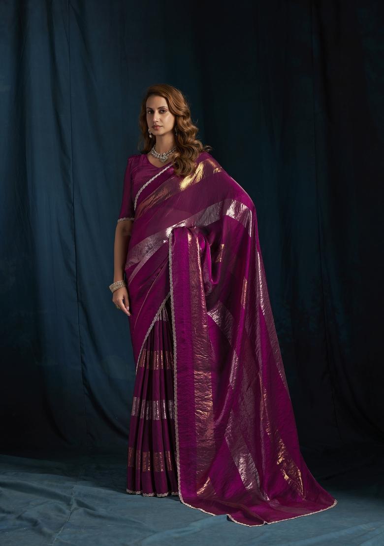 Wine Hand Work Silk Blend Saree Set - Indya