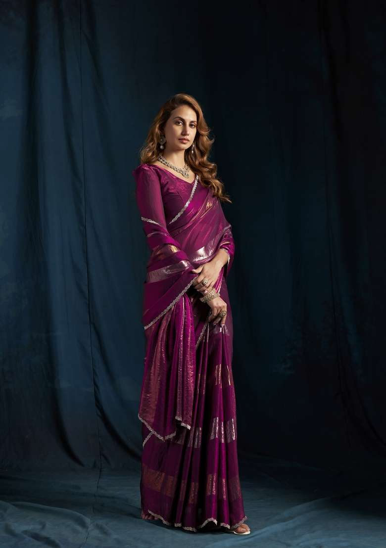 Wine Hand Work Silk Blend Saree Set - Indya