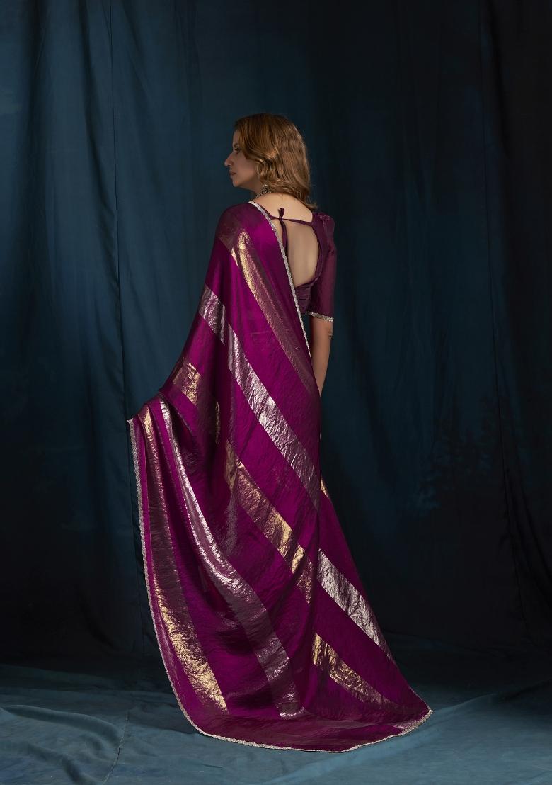 Wine Hand Work Silk Blend Saree Set - Indya