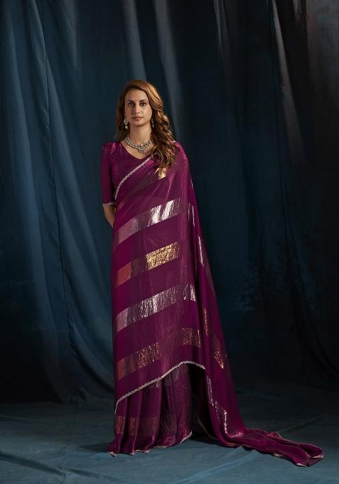 Wine Hand Work Silk Blend Saree Set
