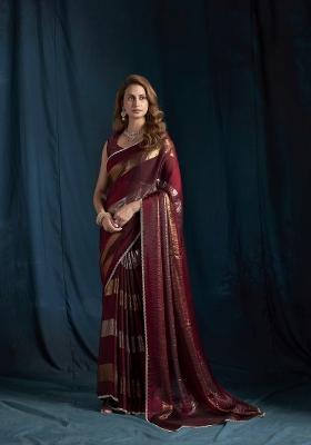 Maroon Hand Work Silk Blend Saree Set