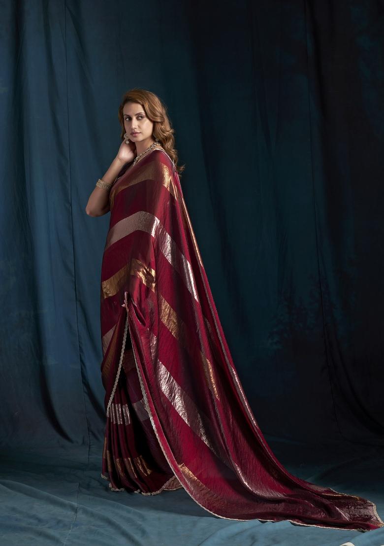 Maroon Hand Work Silk Blend Saree Set - Indya