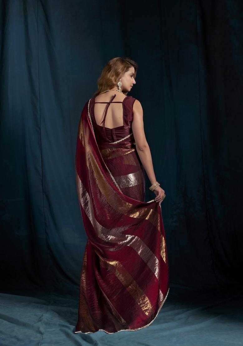 Maroon Hand Work Silk Blend Saree Set - Indya