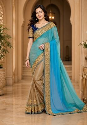 Turquoise Solid Georgette Saree Set