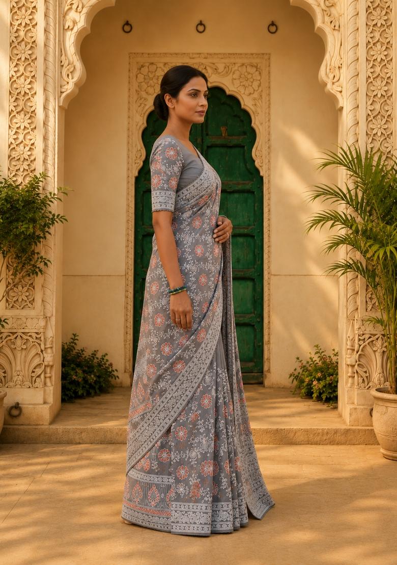 Grey Solid Georgette Saree Set - Indya