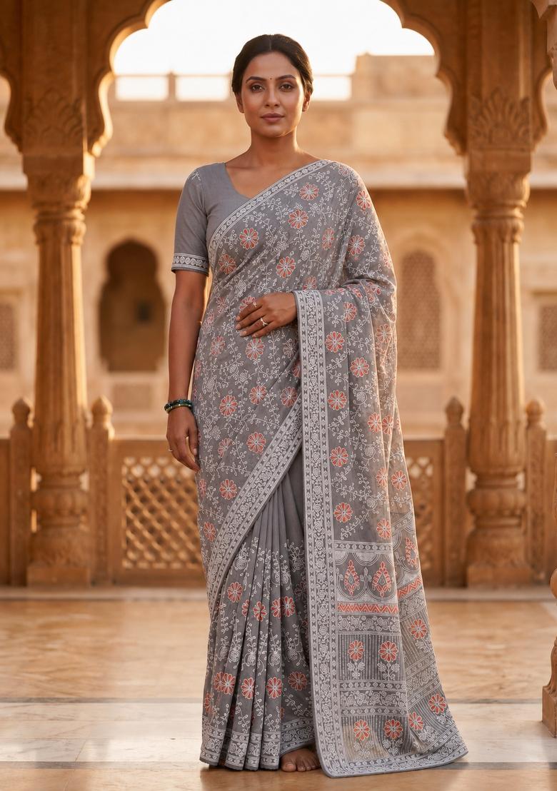 Grey Solid Georgette Saree Set - Indya