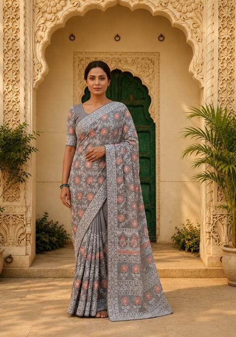 Grey Solid Georgette Saree Set