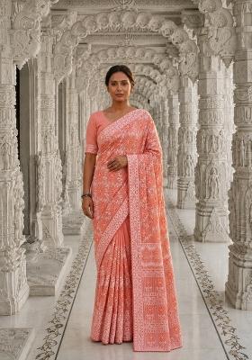 Peach Solid Georgette Saree Set