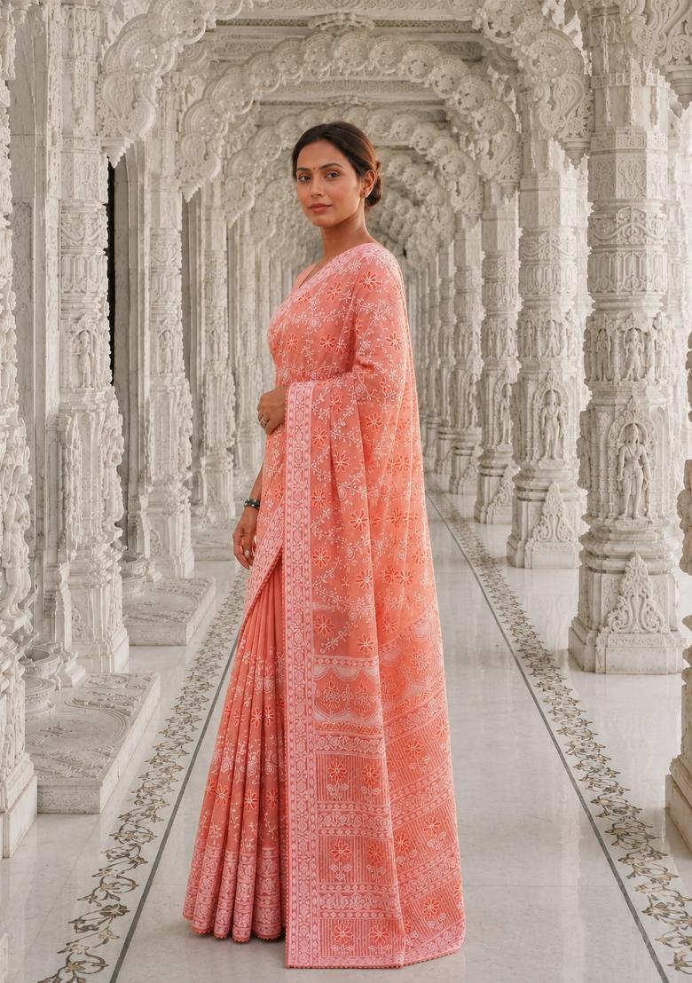Peach Solid Georgette Saree Set - Indya