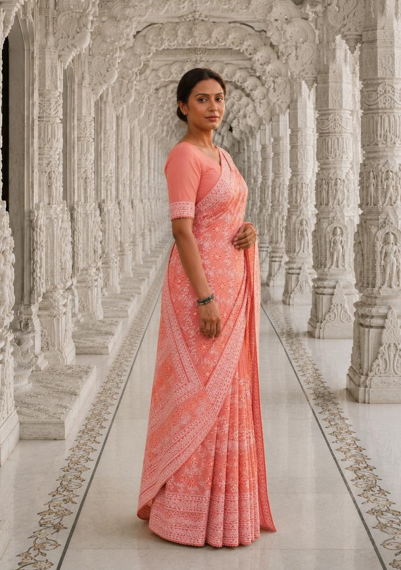 Peach Solid Georgette Saree Set - Indya