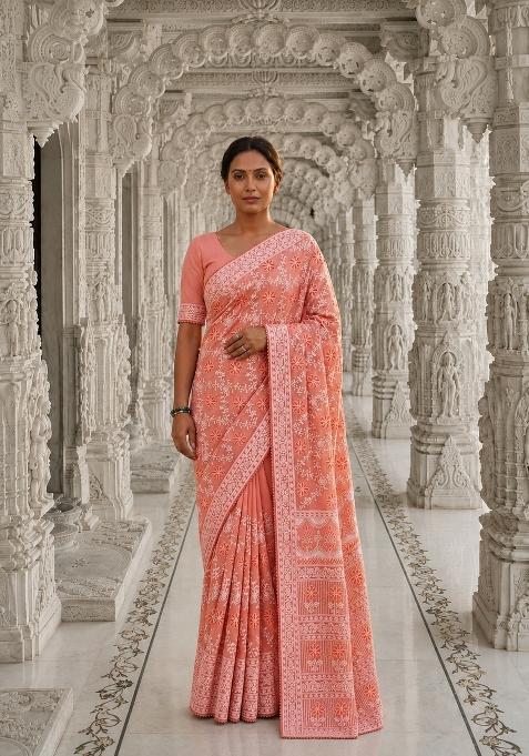 Peach Solid Georgette Saree Set