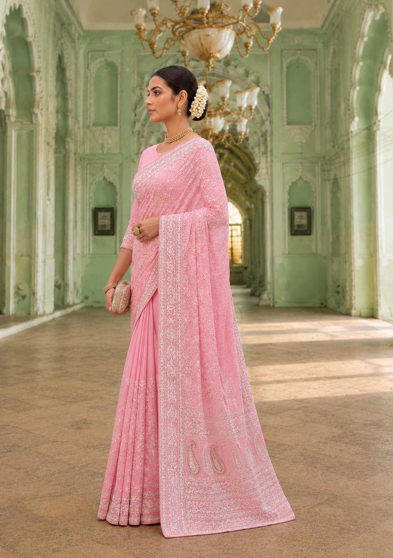 Pink Solid Georgette Saree Set - Indya