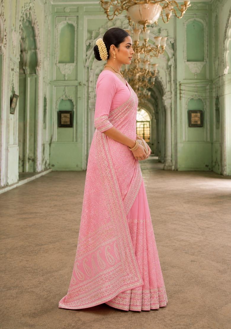 Pink Solid Georgette Saree Set - Indya