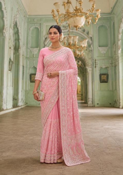Pink Solid Georgette Saree Set