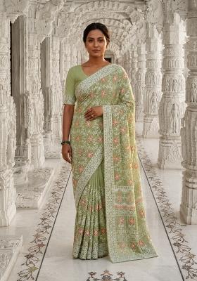 Pista Solid Georgette Saree Set