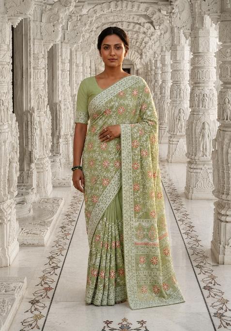 Pista Solid Georgette Saree Set