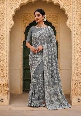 Grey Solid Georgette Saree Set