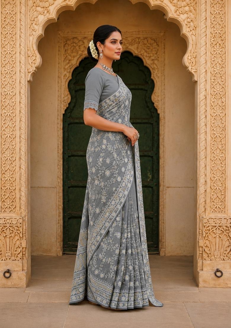 Grey Solid Georgette Saree Set - Indya
