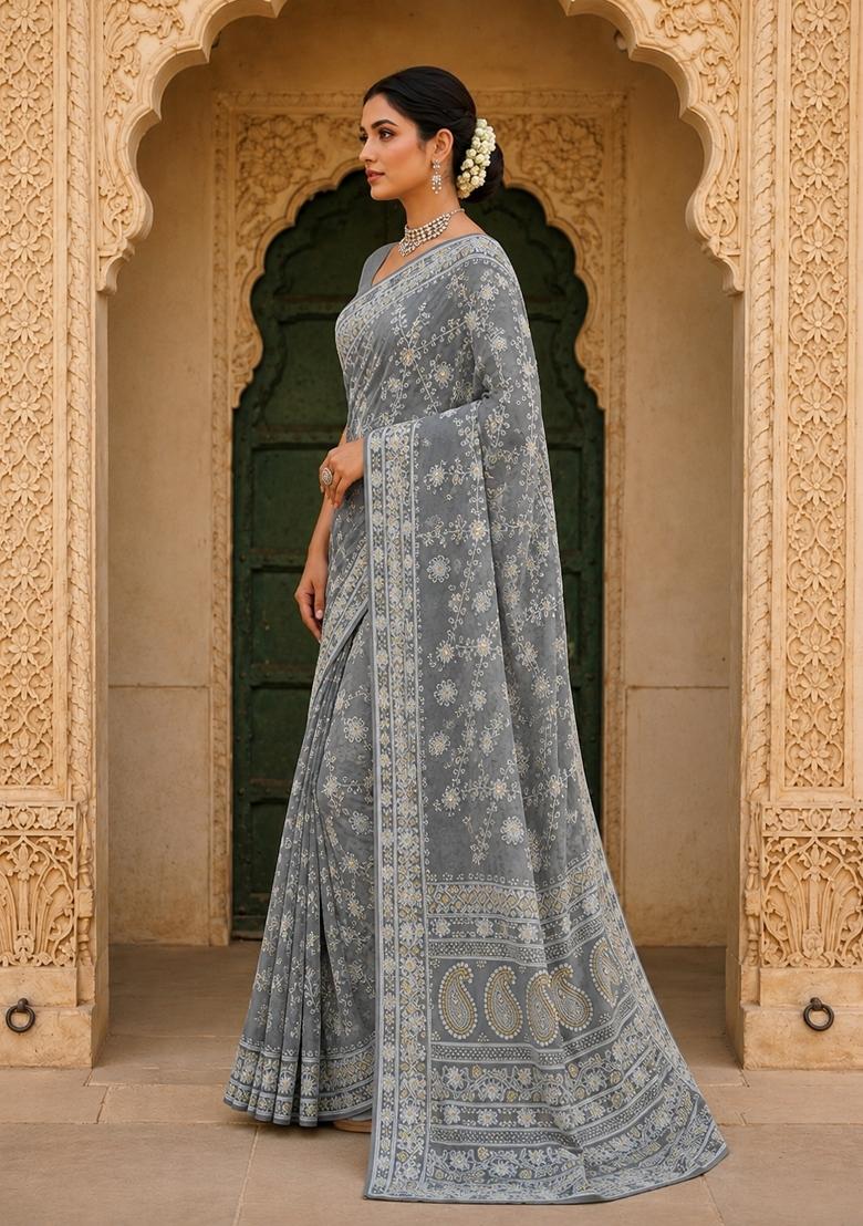Grey Solid Georgette Saree Set - Indya