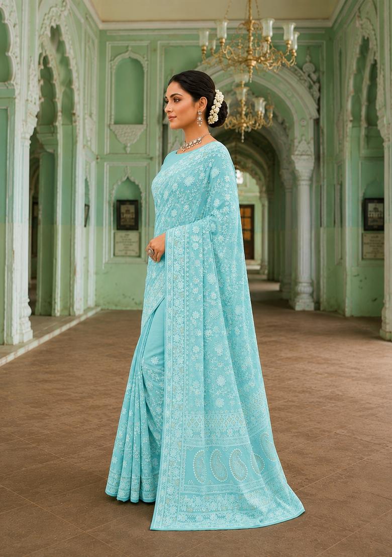 Sky Blue Solid Georgette Saree Set - Indya