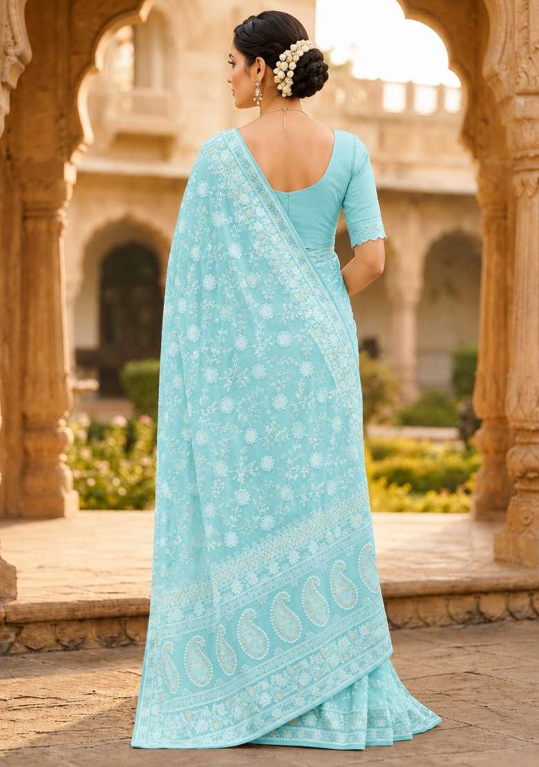 Sky Blue Solid Georgette Saree Set for Diwali and Festive Wear - Indya