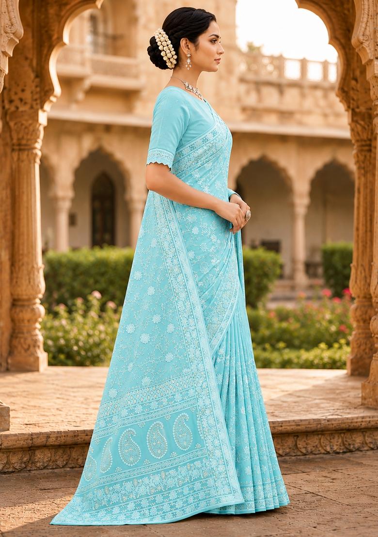 Sky Blue Solid Georgette Saree Set - Indya