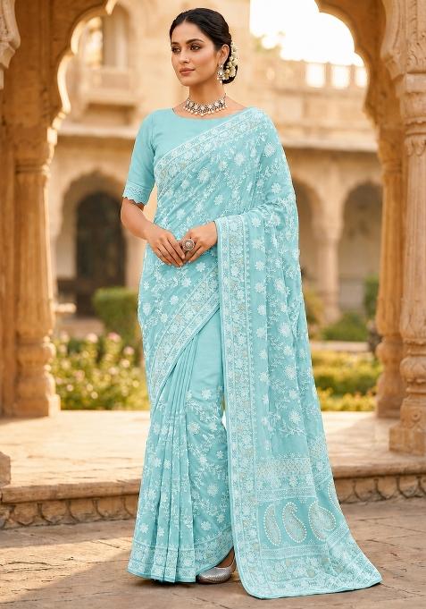 Sky Blue Solid Georgette Saree Set