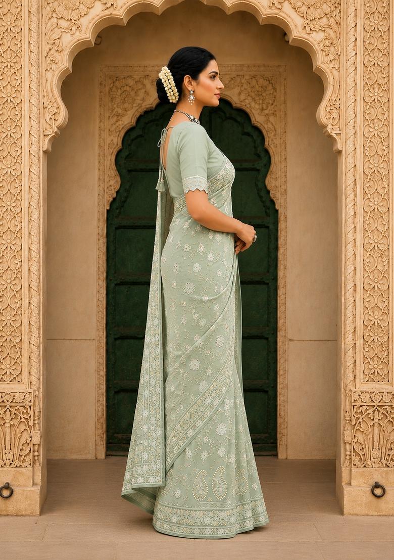 Pista Solid Georgette Saree Set - Indya