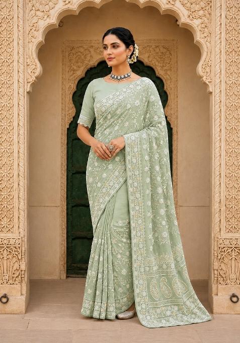 Pista Solid Georgette Saree Set
