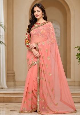 Peach Solid Georgette Saree Set