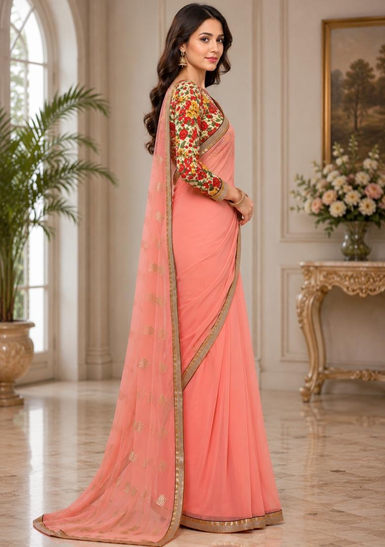 Peach Solid Georgette Saree Set - Indya