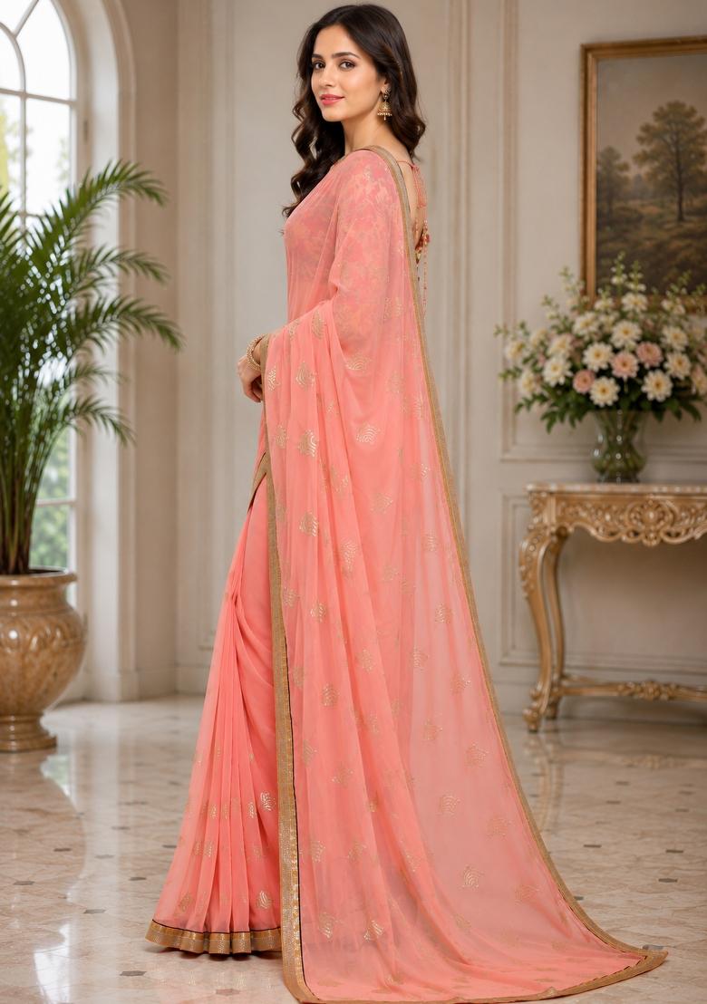 Peach Solid Georgette Saree Set - Indya