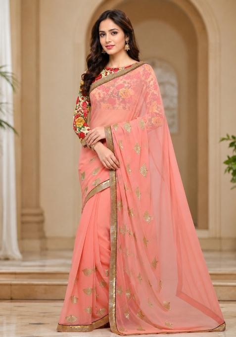 Peach Solid Georgette Saree Set