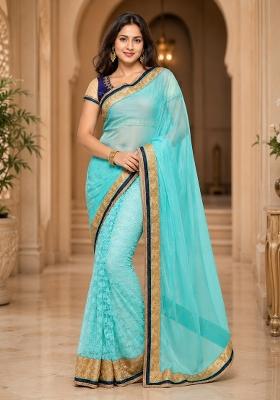 Turquoise Solid Georgette Saree Set