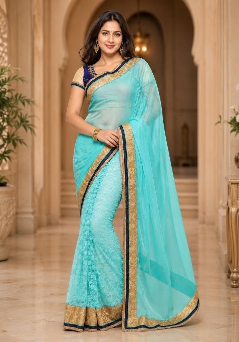 Turquoise Solid Georgette Saree Set