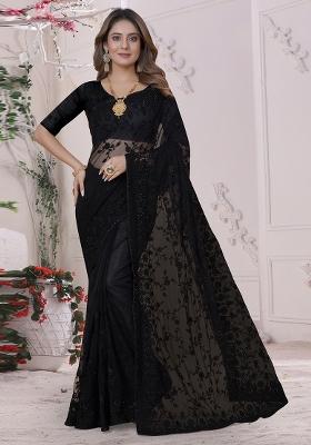 Black Embroidered Net Saree Set