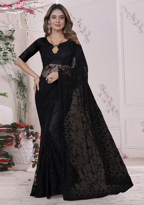 Black Embroidered Net Saree Set
