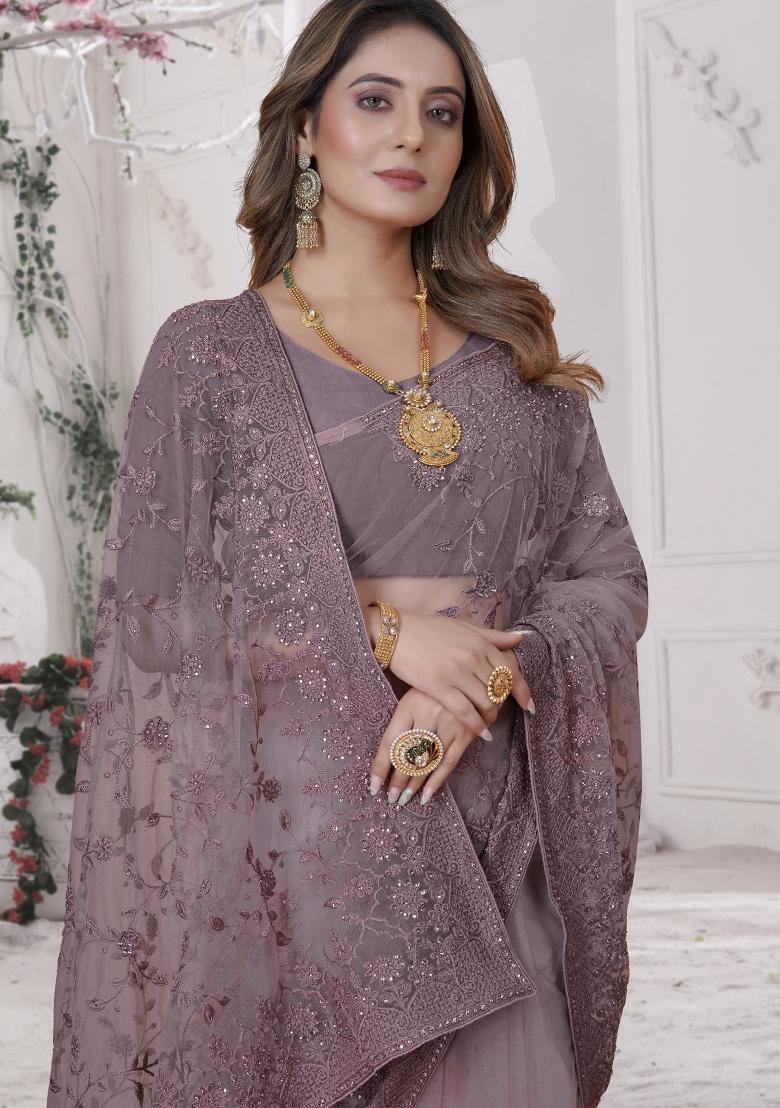 Lavender Embroidered Net Saree Set - Indya