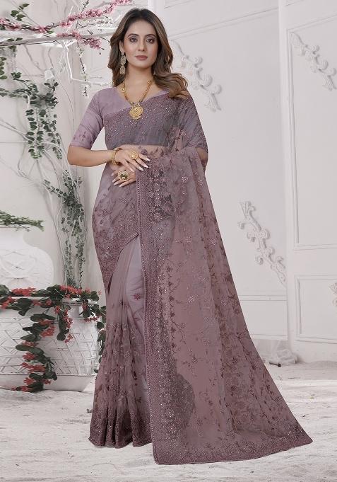 Lavender Embroidered Net Saree Set